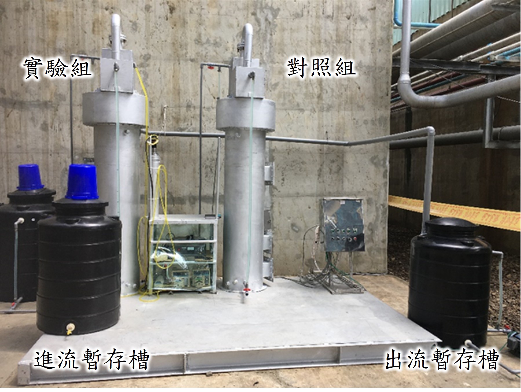 模廠試驗系統架設包含實驗組、對造組與進出流暫存槽。