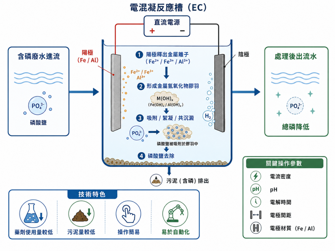 圖一 電混凝技術除磷機制示意圖